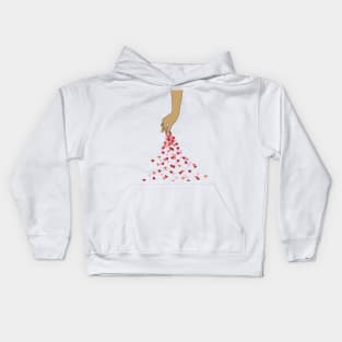 Hand sprinkling red and pink hearts, spread a hopefull message of love and care for each other! Warming Kids Hoodie